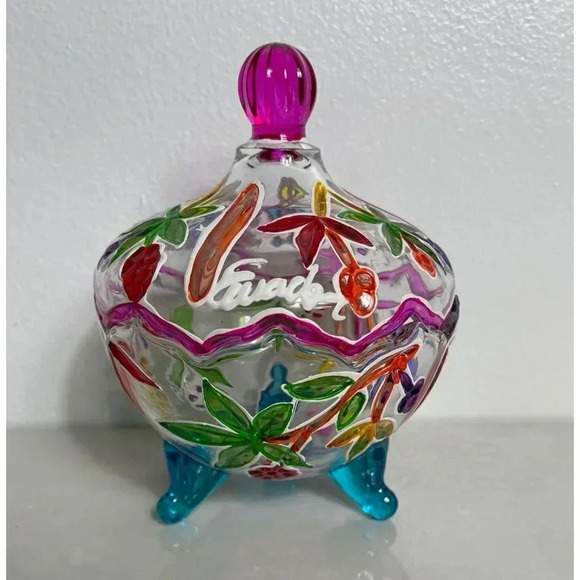 Ompass Hand Painted Art Clear Glass Jar with Lid Embossed Footed Multicolor - Picture 1 of 9